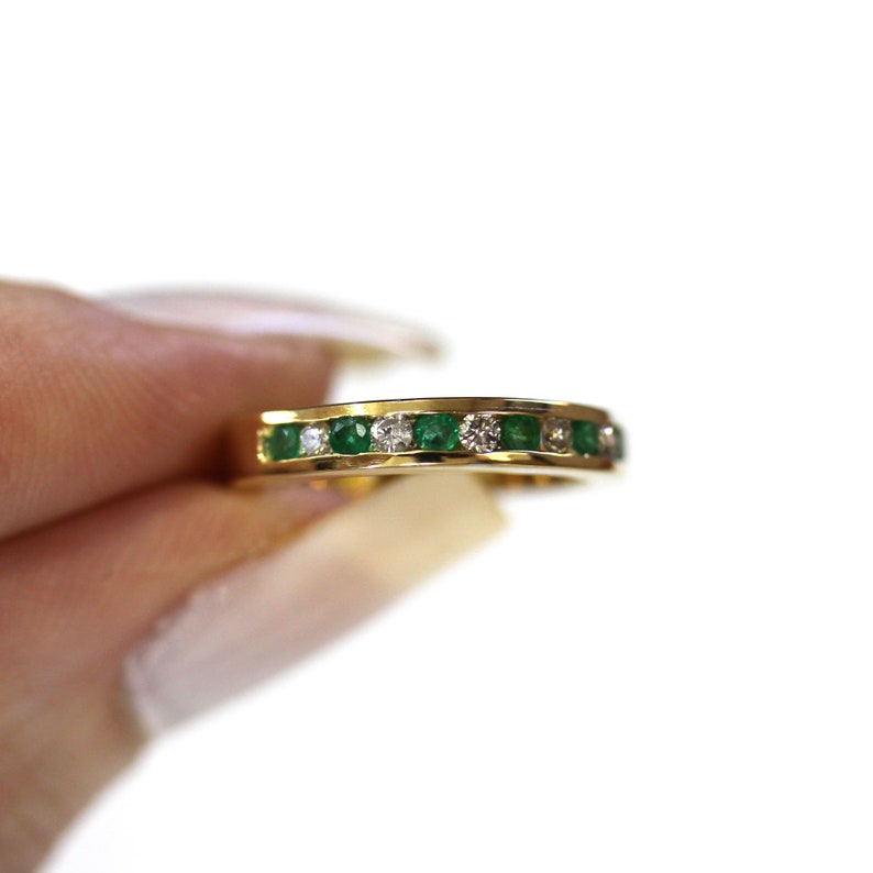 0.35 ctw Natural Green Emerald & Diamond Ring / Channel Set Wedding Band 3 MM / Solid 14k 18k Gold / Bridal Anniversary Ring/ May Birthstone image 8