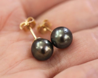 Black Tahitian Pearl Stud Earrings 8 mm / Solid 14k 18k Gold / Round Pearl Studs / Solitaire Post Studs / Birthday Gift / June Birthstone