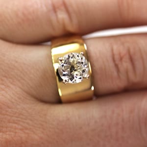 2.5 ct Natural White Topaz Solitaire Engagement Ring / Wide Big Stone Band / Solid 14k 18k Gold / High Profile Statement Ring/ Birthday Gift