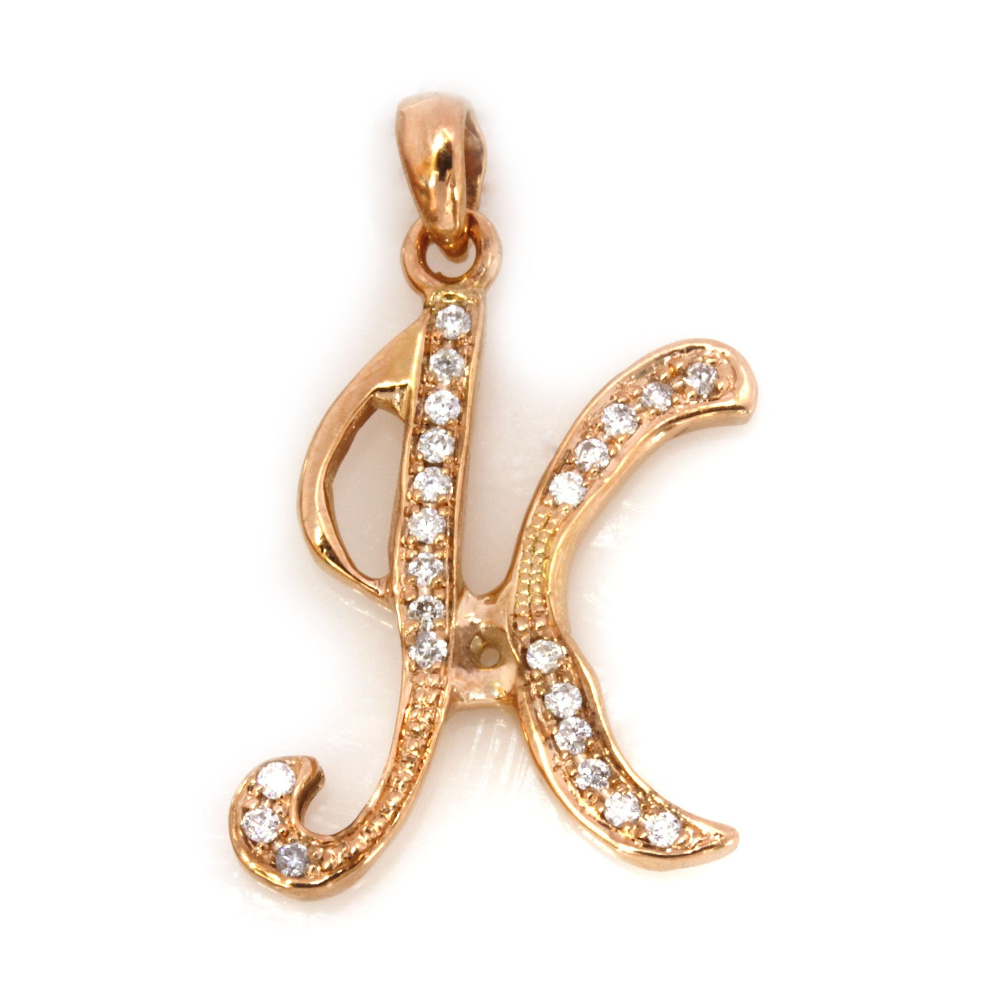 Pendentif Charm Lettre K En Or Rose 14 Carats Avec Diamants Naturels - Fait Main, Personnalisable, Neuf Sans Emballage
