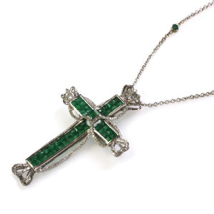 One-of-a-Kind 4.75 ctw Natural Green Princess Emerald & Diamond Cross Necklace / Solid 18k White Gold / Invisible Set Crown/ Chain 18 Inches image 3