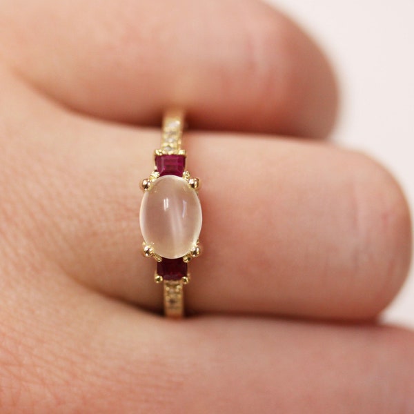 2.65 ctw Natural Cabochon Moonstone, Red Ruby & Diamond 3 Stone Ring / East West Set / Solid 14k 18k Gold / Engagement Ring / Birthday Gift