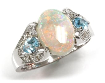 2.8 ctw Natural Multicolor Opal, Blue Topaz & Diamond Cocktail Ring / Solid 14k 18k Gold / 3 Stone Oval Statement Ring / October Birthstone