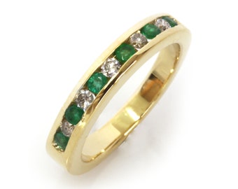 0.35 ctw Natural Green Emerald & Diamond Ring / Channel Set Wedding Band 3 MM / Solid 14k 18k Gold / Bridal Anniversary Ring/ May Birthstone