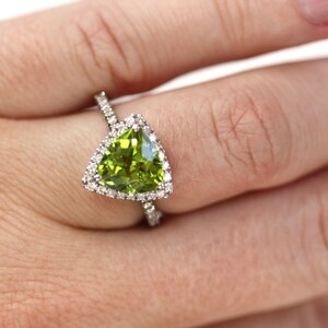 3.5 ctw Natural Green Peridot & Diamond Cocktail Ring / Halo Statement Ring / Solid 14k 18k Gold / Trillion Cut Peridot / August Birthstone image 4