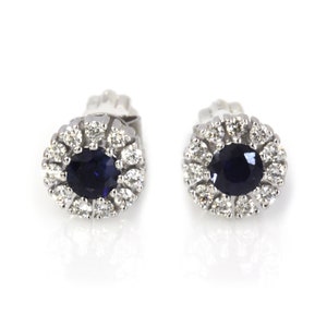 0.65 ctw Natural Blue Sapphire & Diamond Cluster Studs / Solid 14k 18k Gold / Round Halo Stud Earrings 7mm/ Small Gift/ September Birthstone image 3