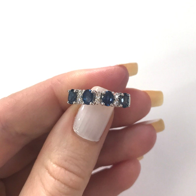 1 ctw Natural Blue Sapphire & Diamond Band Ring / Solid 14k 18k Gold / Oval Cut 4 Sapphire Anniversary Ring 4 MM / September Birthstone image 1