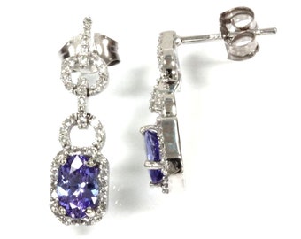 1.3 ct tw Natural Blue Violet Tanzanite & Diamond Dangle Earrings / Halo Drop Post Earrings 25 mm / Solid 14k 18k Gold / December Birthstone