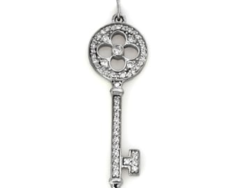 0.75 ctw Natural Diamond Flower Key Pendant / Solid 14k 18k Gold / Anniversary Drop Pendant 47 mm / Key to Your Heart / Valentine's Day Gift
