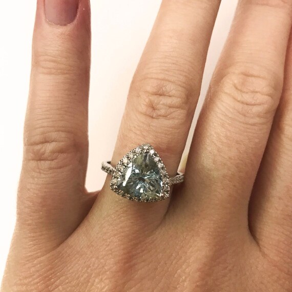 ctw Natural Blue Aquamarine Diamond Halo Engagement Ring Trillion  Cut Aquamarine Cocktail Ring/ Solid 14k 18k Gold/ March Birthstone