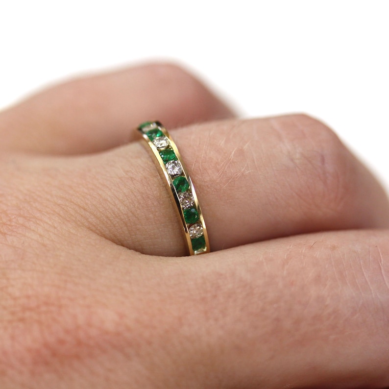 0.35 ctw Natural Green Emerald & Diamond Ring / Channel Set Wedding Band 3 MM / Solid 14k 18k Gold / Bridal Anniversary Ring/ May Birthstone image 5