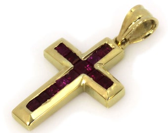 1 ctw Natural Red Ruby Cross Pendant / Channel Set Pendant 27 MM / Solid 14k 18k Gold / Religious Catholic Pendant / Gift for Goddaughter