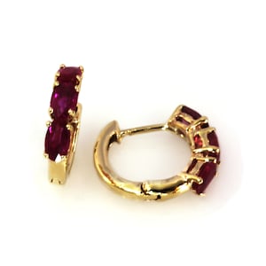 1.5 ctw Natural Red Ruby Huggies / 3 Stone Hoop Earrings 15 MM / Solid 14k 18k Gold / Oval Cut Rubies / Birthday Gift Her / July Birthstone