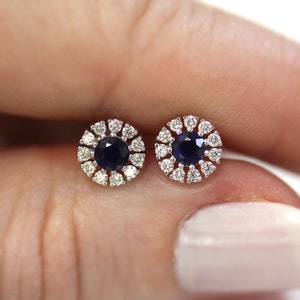 0.65 ctw Natural Blue Sapphire & Diamond Cluster Studs / Solid 14k 18k Gold / Round Halo Stud Earrings 7mm/ Small Gift/ September Birthstone image 1