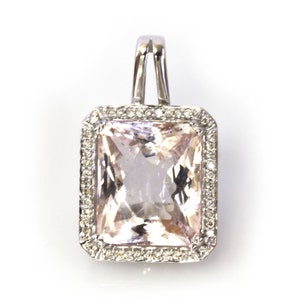7.7 ctw Natural Peach Morganite & Diamond Pendant / Halo Drop Pendant 25 MM / Solid 14k 18k Gold / Rectangular Pendant / Anniversary Gift