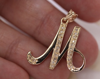 Solid 14k Gold Letter M Pendant / Initial Pendant / 0.1 ctw Natural Diamond Pendant / Personalized Jewelry / 25 MM Charm / Birthday Gift