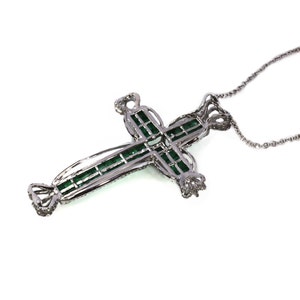 One-of-a-Kind 4.75 ctw Natural Green Princess Emerald & Diamond Cross Necklace / Solid 18k White Gold / Invisible Set Crown/ Chain 18 Inches image 4