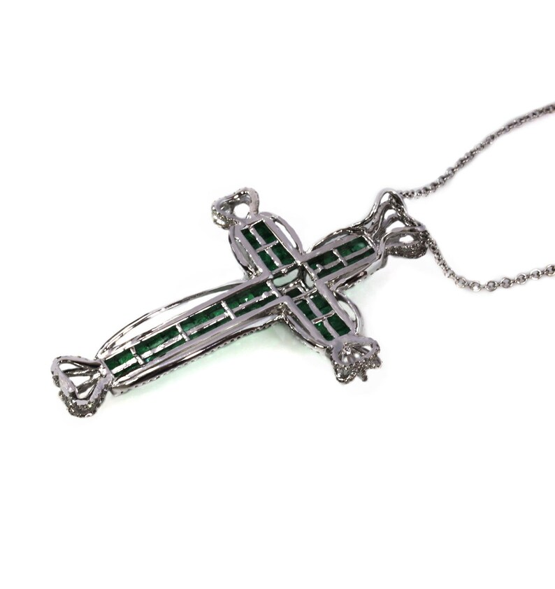 One-of-a-Kind 4.75 ctw Natural Green Princess Emerald & Diamond Cross Necklace / Solid 18k White Gold / Invisible Set Crown/ Chain 18 Inches image 4