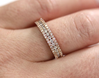 0.6 ctw Natural Diamond (G-H, SI) Channel Pave Anniversary Ring 4MM / Solid 14k Rose Gold/ Dainty 3 Row Wedding Band Ring / April Birthstone