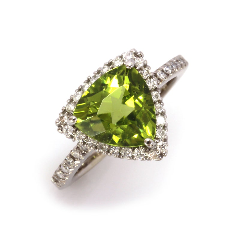 3.5 ctw Natural Green Peridot & Diamond Cocktail Ring / Halo Statement Ring / Solid 14k 18k Gold / Trillion Cut Peridot / August Birthstone image 1