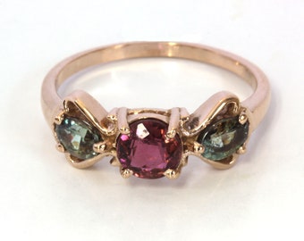 1.3 ctw Natural Color Change Alexandrite & Pink Tourmaline Ring / Solid 14k 18k Gold / Cute 3 Stone Bow Ring 7 MM / June October Birthstone