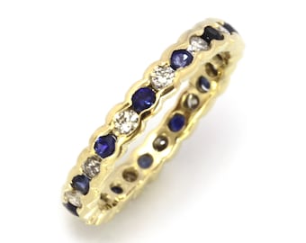 1.7 ctw Natural Blue Sapphire & Diamond Full Eternity Ring / Solid 14k 18k Gold / Alternating Bezel Wedding Band 3.2mm/ September Birthstone