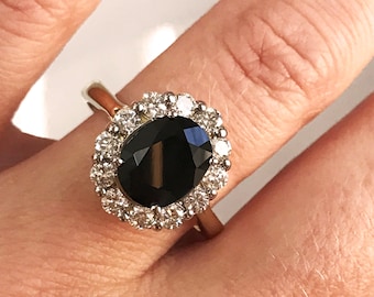 4.3 ctw Natural Blue Sapphire & Diamond Halo Engagement Ring / Solid 14k 18k Gold / Princess Diana Ring/ Oval Sapphire/ September Birthstone