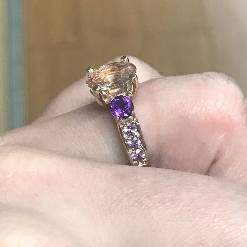 2.6 ctw Natural Morganite, Amethyst, Sapphire & Diamond Promise Ring / 3 Stone Engagement Ring / Solid 14k 18k Gold / Pastel Multistone Ring image 5