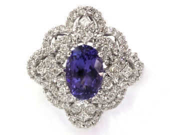 One-of-a-Kind 5.5 ctw Natural Blue Violet Tanzanite & Diamond Ring / Big Halo Statement Ring / Solid 18k White Gold / December Birthstone