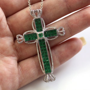 One-of-a-Kind 4.75 ctw Natural Green Princess Emerald & Diamond Cross Necklace / Solid 18k White Gold / Invisible Set Crown/ Chain 18 Inches image 5