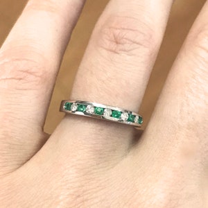 0.35 ctw Natural Green Emerald & Diamond Ring / Channel Set Wedding Band 3 MM / Solid 14k 18k Gold / Bridal Anniversary Ring/ May Birthstone image 9