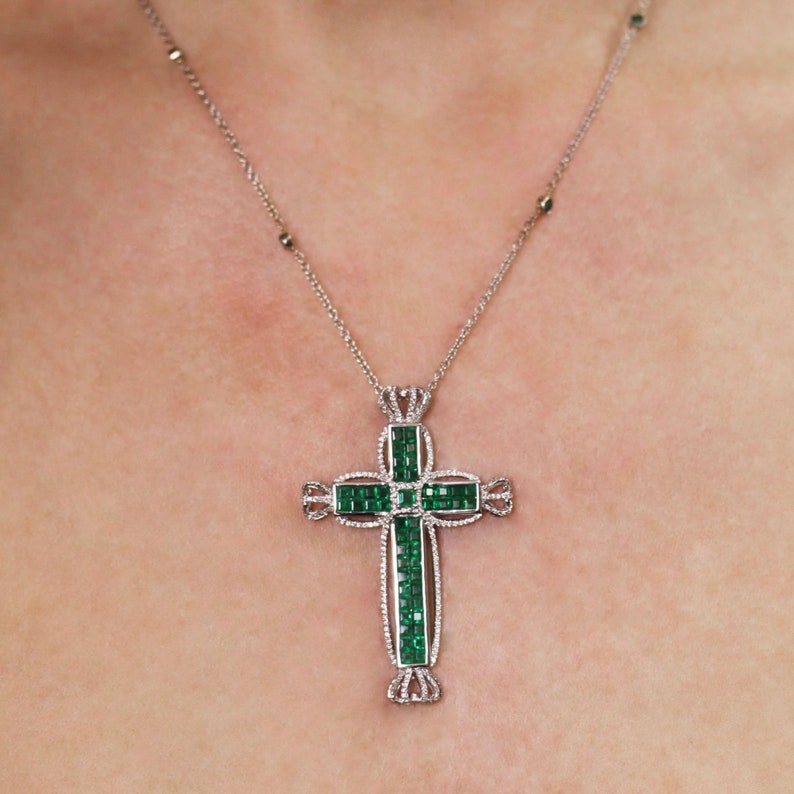 One-of-a-Kind 4.75 ctw Natural Green Princess Emerald & Diamond Cross Necklace / Solid 18k White Gold / Invisible Set Crown/ Chain 18 Inches image 1
