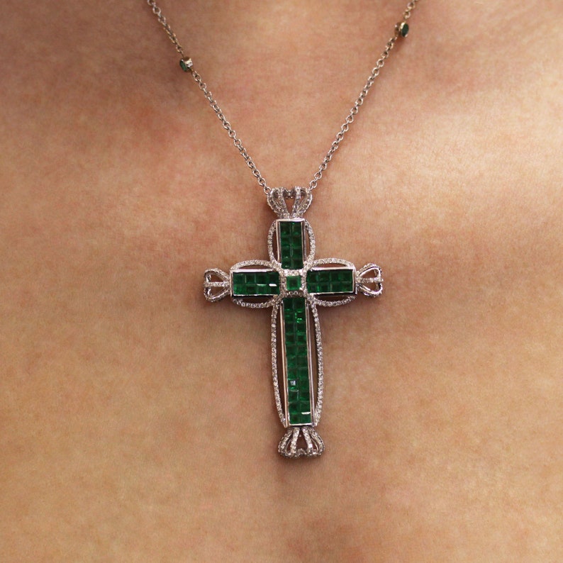 One-of-a-Kind 4.75 ctw Natural Green Princess Emerald & Diamond Cross Necklace / Solid 18k White Gold / Invisible Set Crown/ Chain 18 Inches image 6