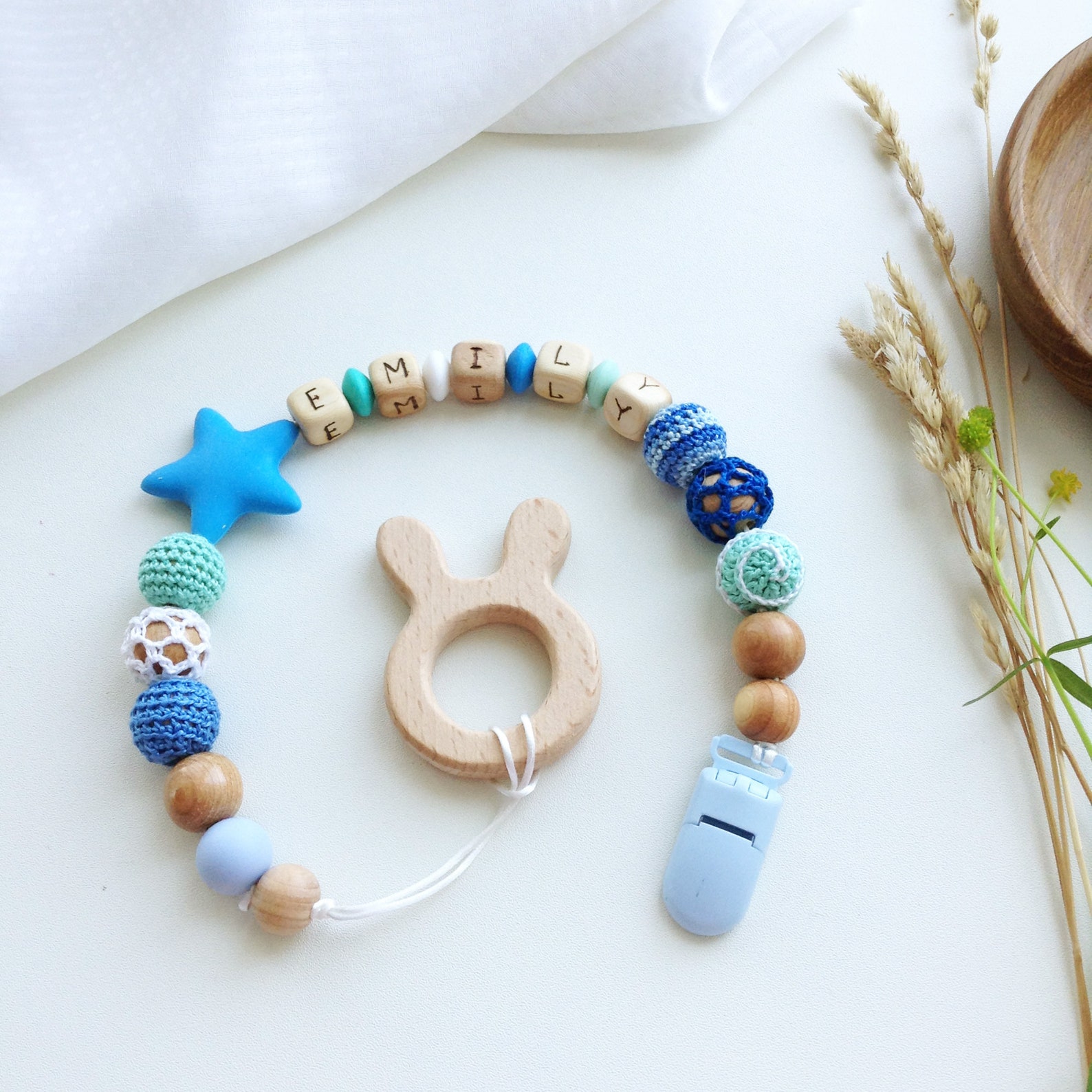 Paci clip personalised blue wood pacifier clip with name Etsy