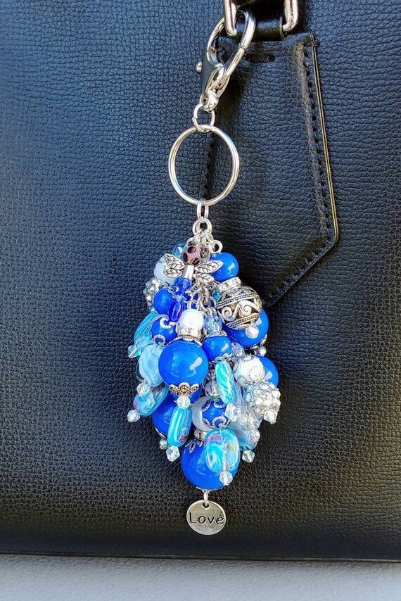 Blue Beaded Chunky Purse Charm Key chain Purse Accessory | Etsy