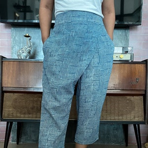 Dashed Hand Dyed Indigo Elastic Waist Cotton Capri Pants - Geometric Pants - High Waist Pants - Capri Pants Women - Three Quarter Legs Pants
