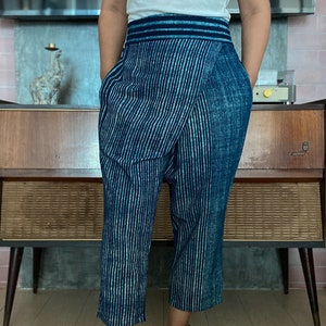 Striped Hand Dyed Indigo Elastic Waist Cotton Capri Pants - Striped Pants - High Waist Pants - Capri Pants Women - Three Quarter Legs Pants