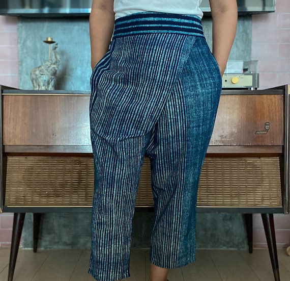 Striped Hand Dyed Indigo Elastic Waist Cotton Capri Pants Striped