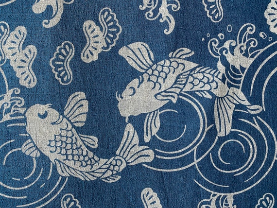 Fish Hand Dyed Indigo Cotton Fabric by the Yard Fish Print Fabric Japanese  Koi Fish Fabric Animal Print Fabric Blue Fabric 