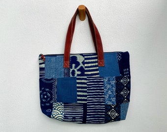 Hand Block Print Indigo Patchwork Bag - Patchwork Tote Bag - Patchwork Shoulder Bag - Recycled Bag - Blue Patchwork Bag - Blue Tote Bag