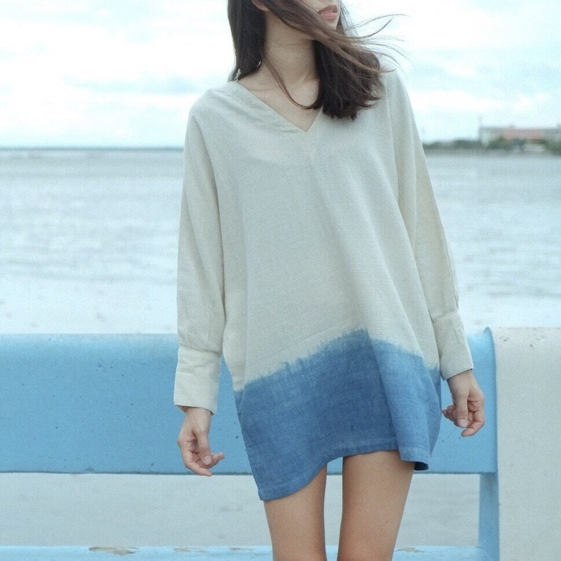 Loose Fit Unbleached Cotton Mini Dress Indigo Trim Beach Wear Summer Wear Unbleached Top Unbleached Mini Dress Loose Top Women