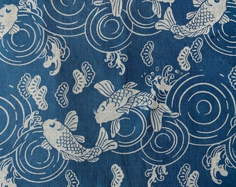 Fish Hand Dyed Indigo Cotton Fabric By The Yard - Fish Print Fabric - Japanese Koi Fish Fabric - Animal Print Fabric - Blue Fabric