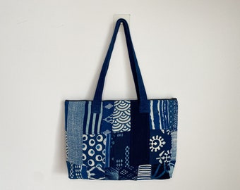 Hand Block Print Indigo Patchwork Bag - Patchwork Tote Bag - Patchwork Shoulder Bag - Recycled Bag - Blue Patchwork Bag - Blue Tote Bag