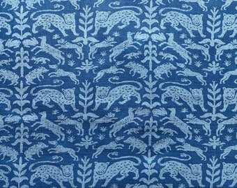 Animal Jungle Hand Dyed Indigo Cotton Fabric By The Yard - Tiger Print Fabric - Animal Print Fabric - Blue Fabric - Indigo Fabric