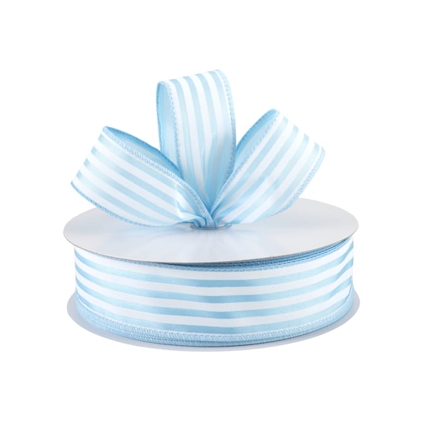 Light Blue and White Stripe Satin Fabric 1.5" Wired Ribbon
