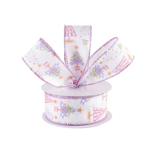 Fun Christmas Trees Retro Pastel Pink White Canvas 1.5" Wired Ribbon