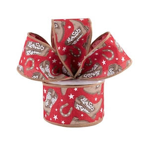 May include: Red and brown ribbon with a pattern of cowboy boots and stars. The ribbon is 2.5 inches wide.