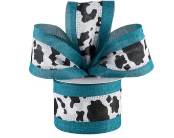Cow Print and Teal Blue Stripe Canvas 2.5" Wired Ribbon