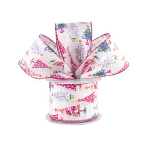 Fun Christmas Trees Retro Pink White Canvas 2.5" Wired Ribbon