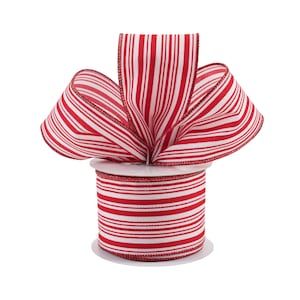 Red and White Glitter Stripe Ticking Stripe Satin 2.5&quot; Wired Ribbon